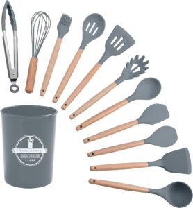 Ensemble d'Ustensiles de Cuisine en Silicone et Bois - 12 Pièces - Gris