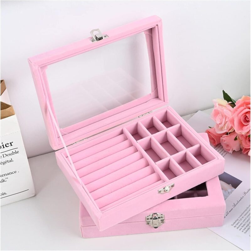 Boîte à Bijoux en Velours Rose avec Couvercle Transparent – Organisateur Luxe pour Bijoux et Montres