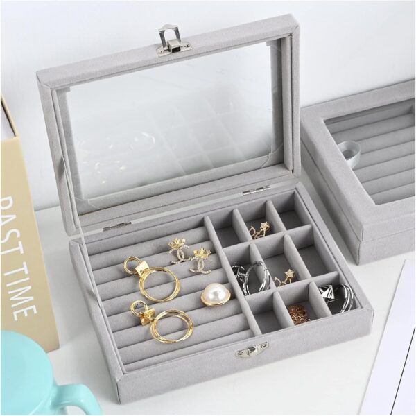 Boîte à Bijoux en Velours Gris avec Couvercle Transparent – Organisateur Luxe pour Bijoux et Montres