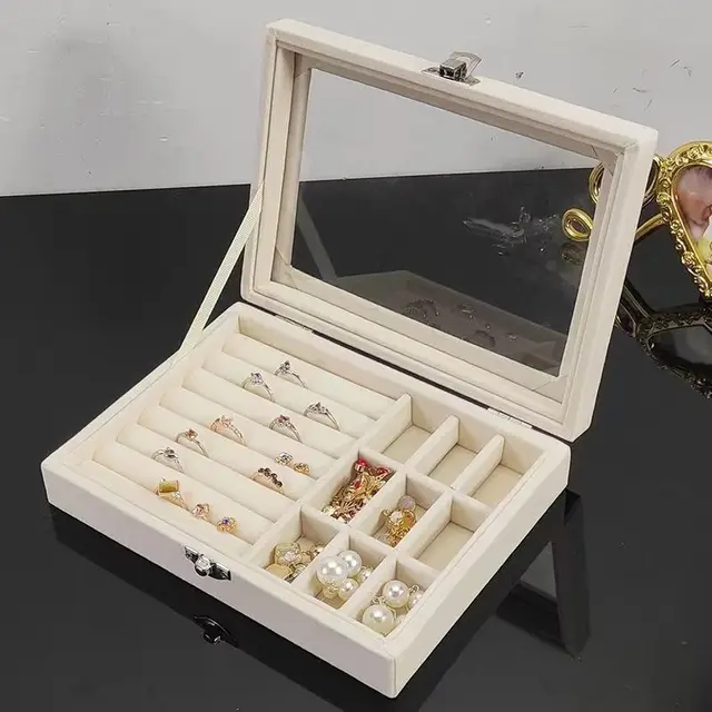 Boîte à Bijoux en Velours Beige avec Couvercle Transparent – Organisateur Luxe pour Bijoux et Montres