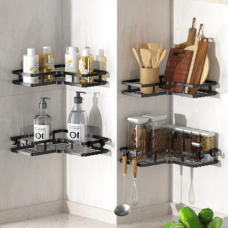 2 Étagère d’angle murale rangement cuisine salle de bain sans perçage multifonction pour épices ustensiles