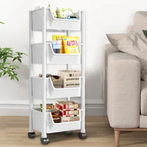 Rangement à Roulettes 4 Niveaux – Étagère Mobile Gain de Place Multifonction
