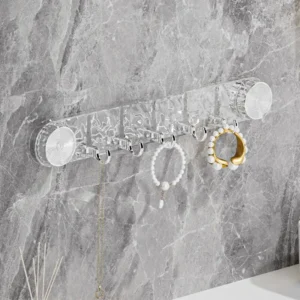 Porte-Crochets Mural Transparent avec Ventouses – 5 Crochets | Fixation Sans Perçage (40 x 6 x 3,2 cm)