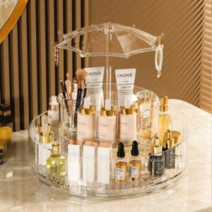 Organisateur Rotatif Transparent avec Parapluie – Rangement Maquillage 360° | Design Élégant & Fonctionnel