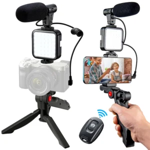 Kit Vlogging Complet avec Lumière LED, Microphone, Trépied & Télécommande – Rechargeable & Portable