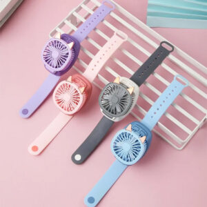 Mini ventilateur montre oreille de chat – Rechargeable USB – Disponible en gris, rose & violet – Idéal été