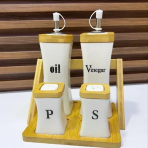 Set de 4 Flacons Céramique avec Support en Bambou – Huilier, Vinaigrier, Salière & Poivrière