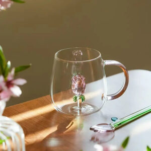 Tasse en Verre avec Fleur en Relief – Design Rose 3D