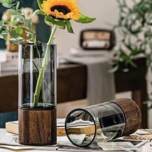 Vase Cylindrique en Verre Fumé & Socle en Bois – Design Élégant & Modulable