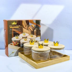 Set de Bocaux de Rangement Luxe Couronne – Verre Borosilicate, Couvercle Bambou & Plateau Élégant - 5 Pièces